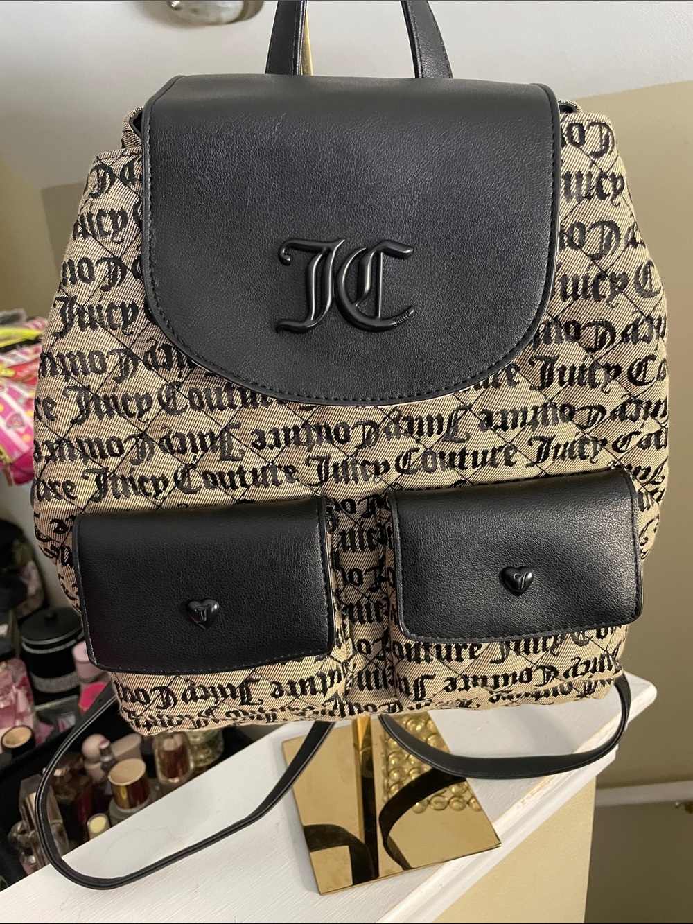 Juicy Couture Black & Beige Logo Mini Backpack with JC Detail